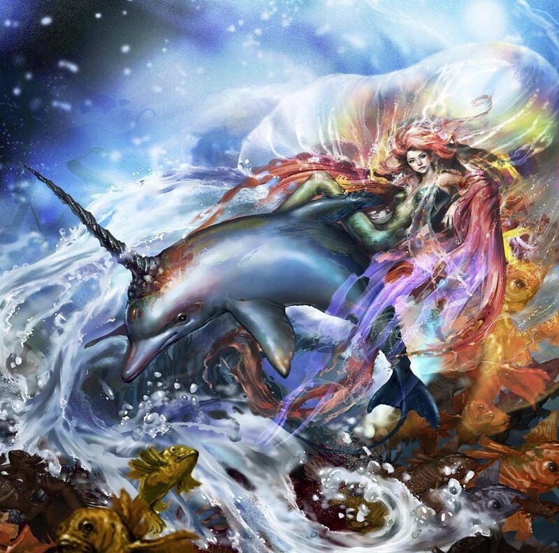 Mermaid Riding Dolphin — Blue, Dramatic