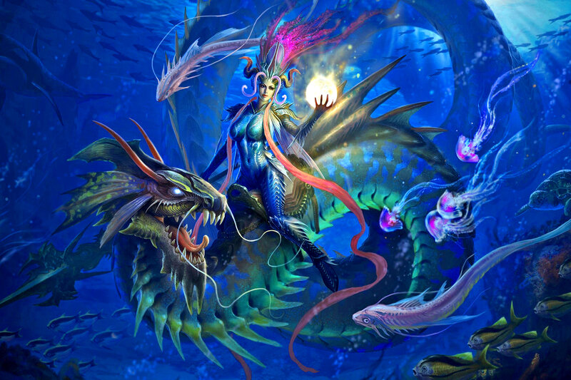 Mermaid Riding Sea Dragon — Blue, Dramatic, Digital Art