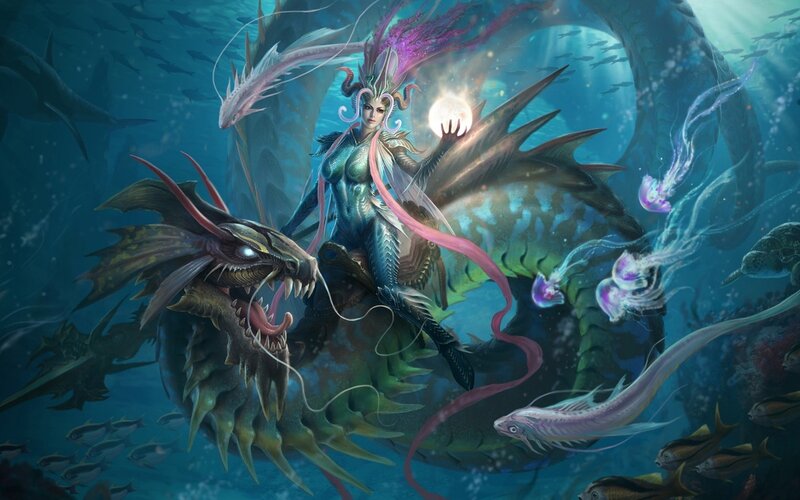 Mermaid Riding Sea Dragon — Blue, Dramatic