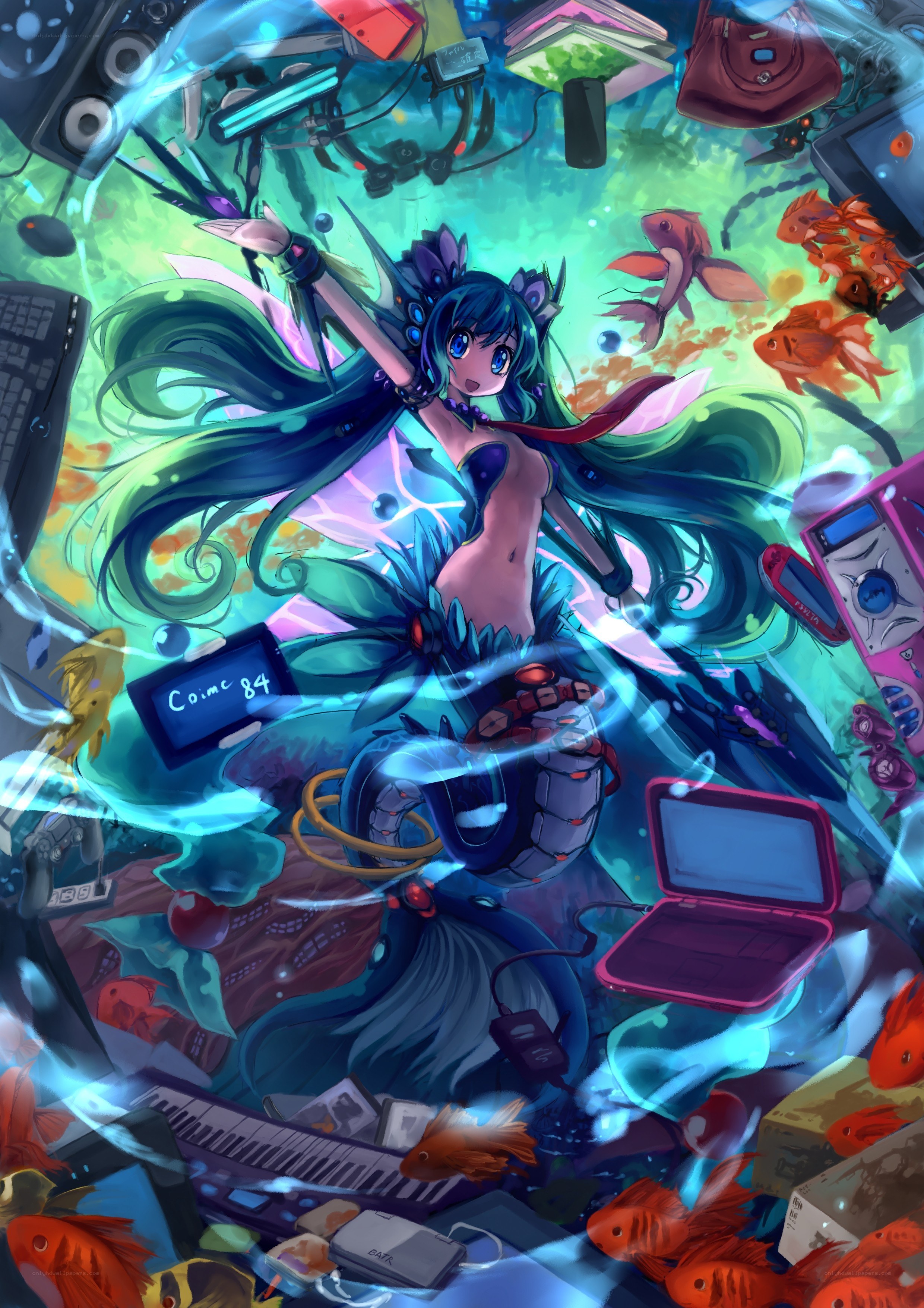 Mermaid surrounded by tech