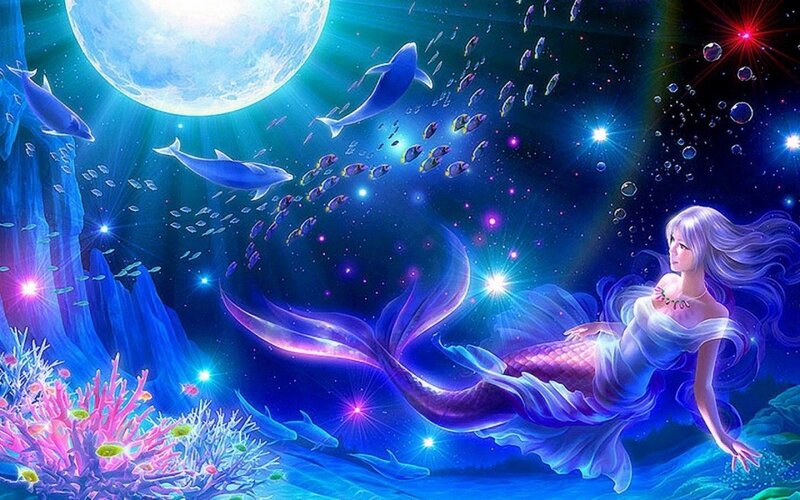 Mermaid Swimming Underwater — Blue, Serene, Night