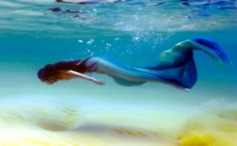 Mermaid Swimming Underwater — Blue, Serene, Photograph, Sand