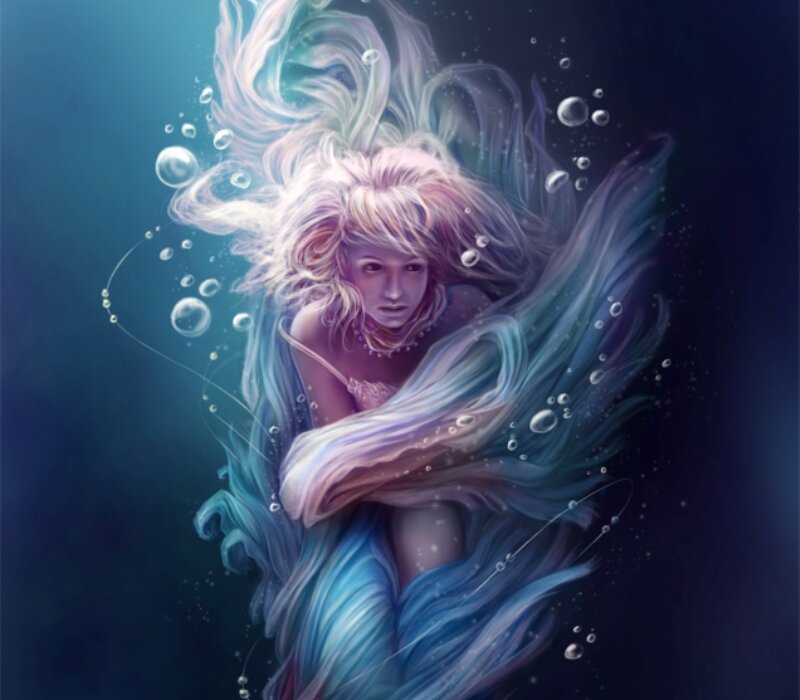 Mermaid Underwater — Blue, Serene, Digital Art, Bubbles