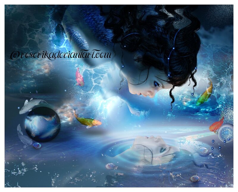 Mermaid Underwater — Blue, Serene, Digital Art, Fish, Bubbles, Reflection