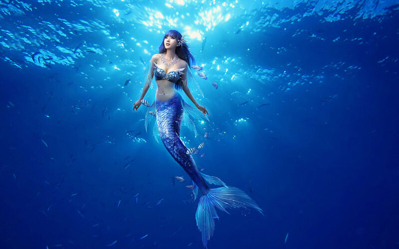 Mermaid Underwater — Blue, Serene, Digital Art, Fish, Light Rays