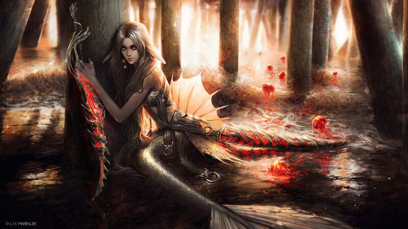 Mermaid Warrior in Forest — Brown