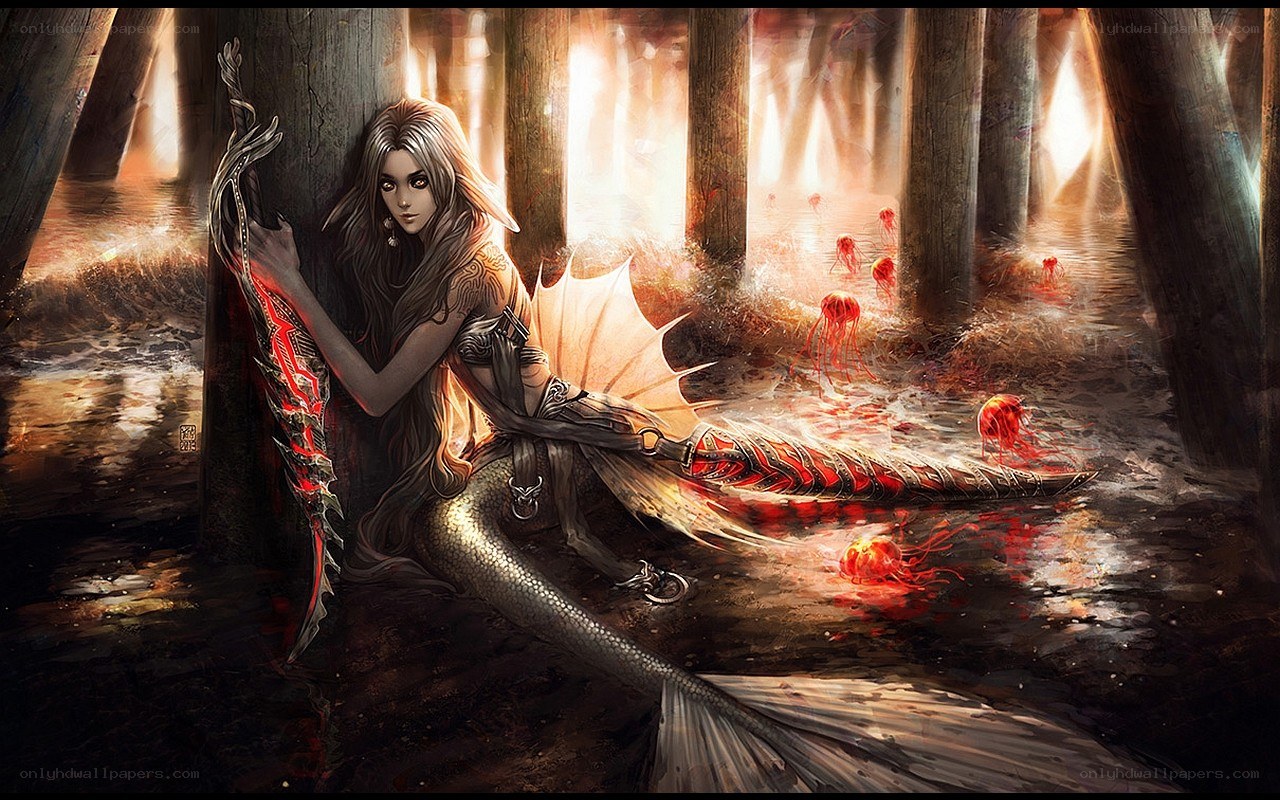 mermaid warrior in forest