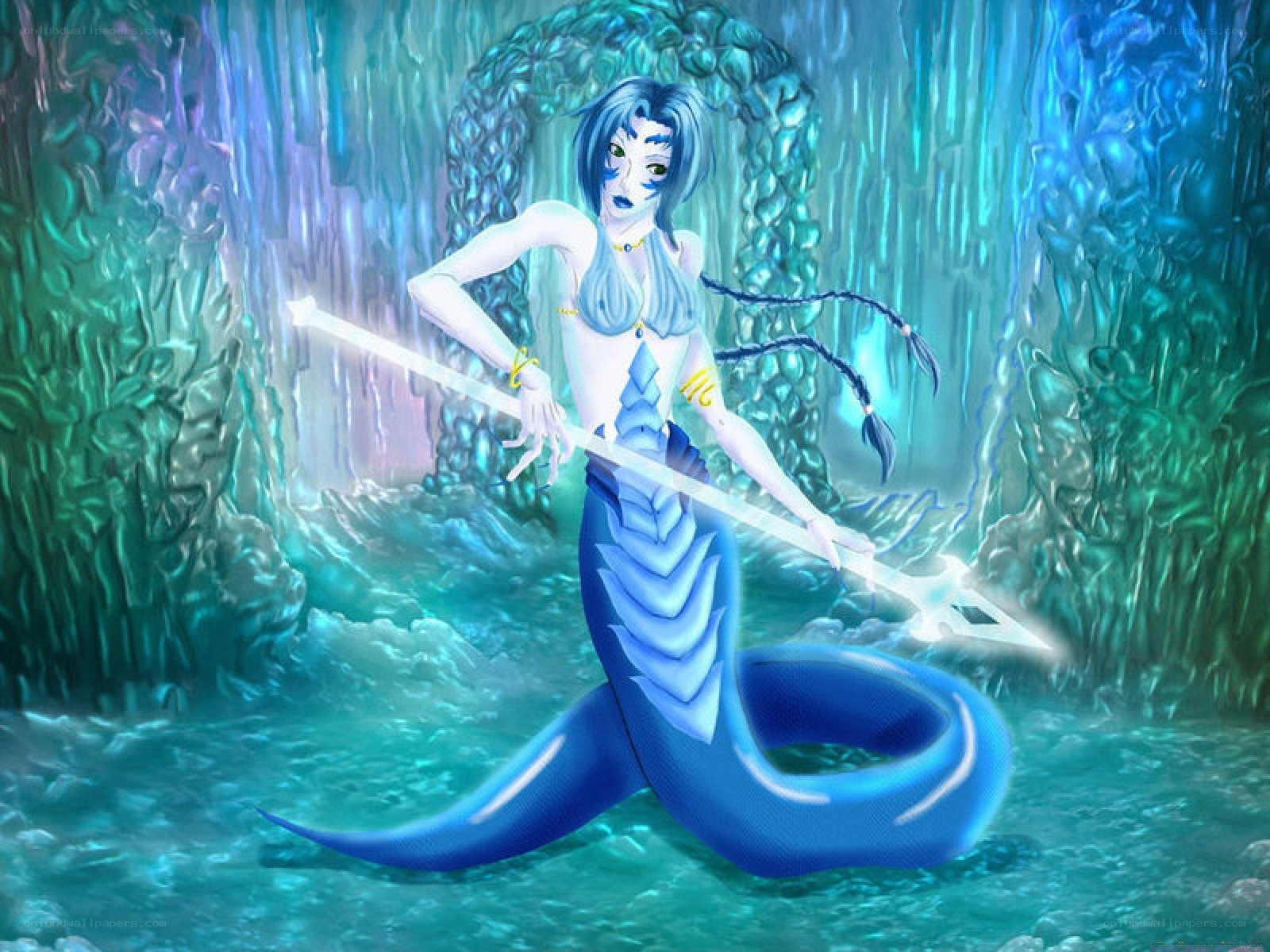 mermaid warrior in underwater cave
