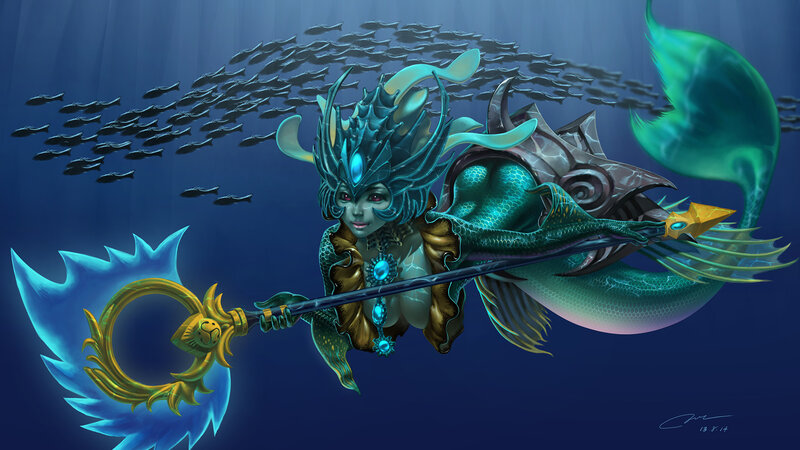 Mermaid Warrior with Trident — Blue, Dramatic, Digital Art, Fish School