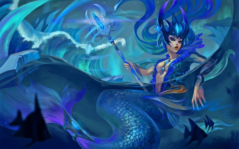 Mermaid Warrior with Trident — Blue, Dramatic, Night, Digital Art