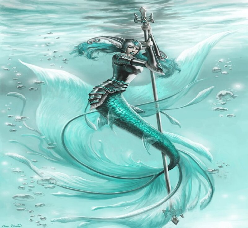 Mermaid Warrior with Trident — Teal, Dramatic