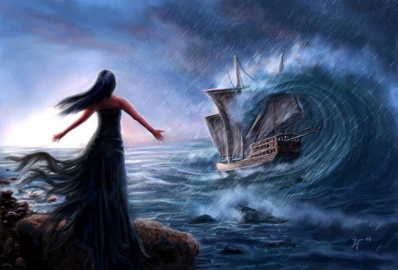 Mermaid watching ship in storm