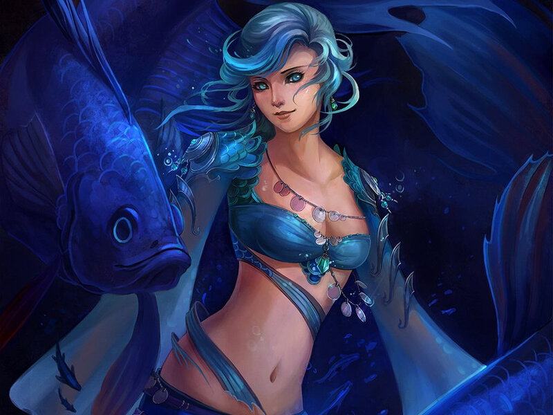 mermaid with blue hair and fish