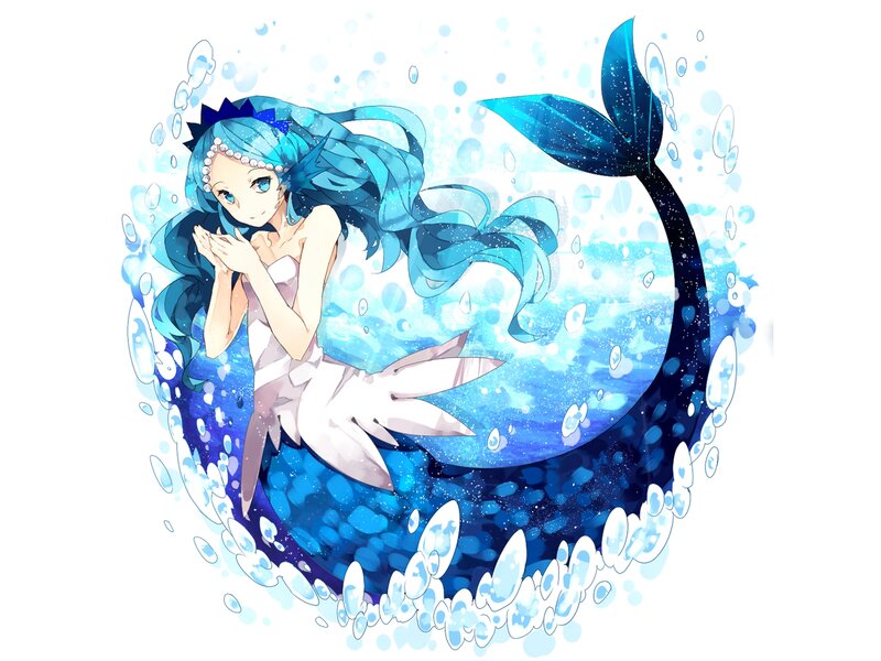 Mermaid with Blue Hair — Serene, Anime, Bubbles, Tail