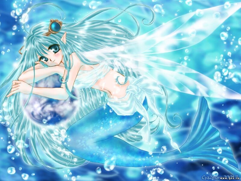 Mermaid with Blue Hair — Serene, Anime, Bubbles