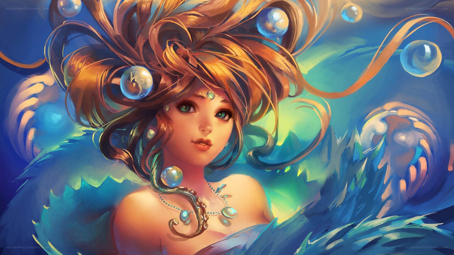 mermaid with bubbles and pearls