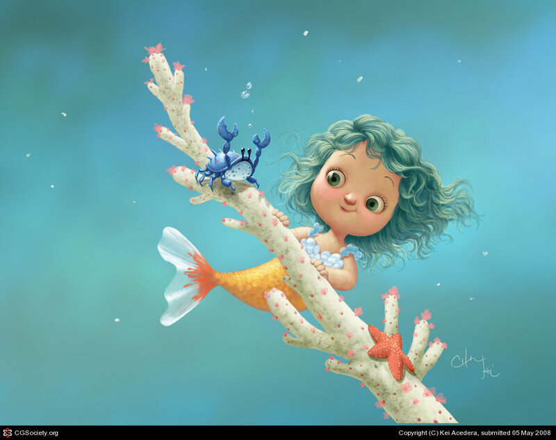 mermaid with crab on coral
