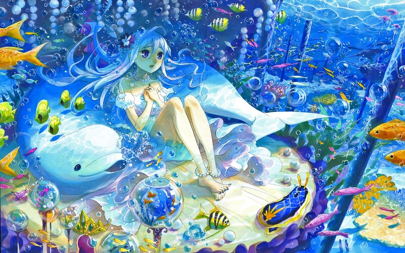 Mermaid with Dolphin — Blue, Serene, Anime, Fish, Bubbles