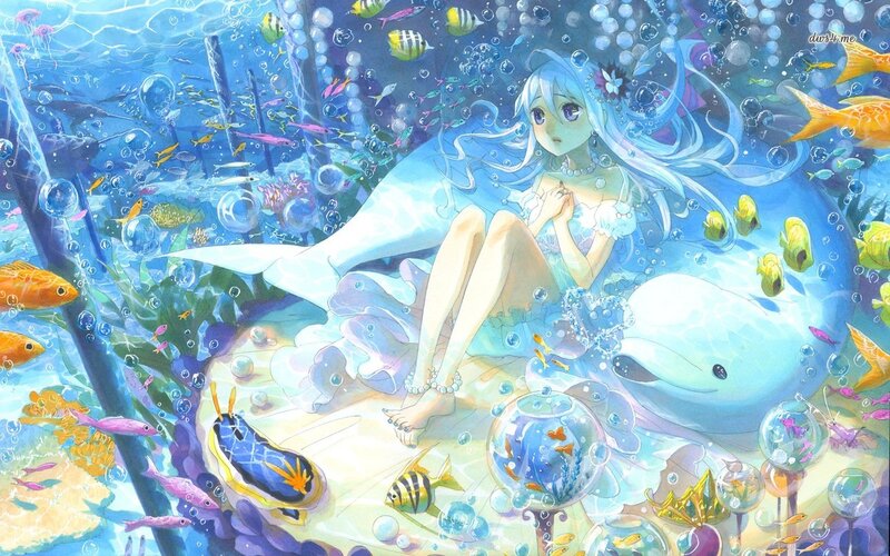 Mermaid with Dolphin — Blue, Serene, Anime, Fish