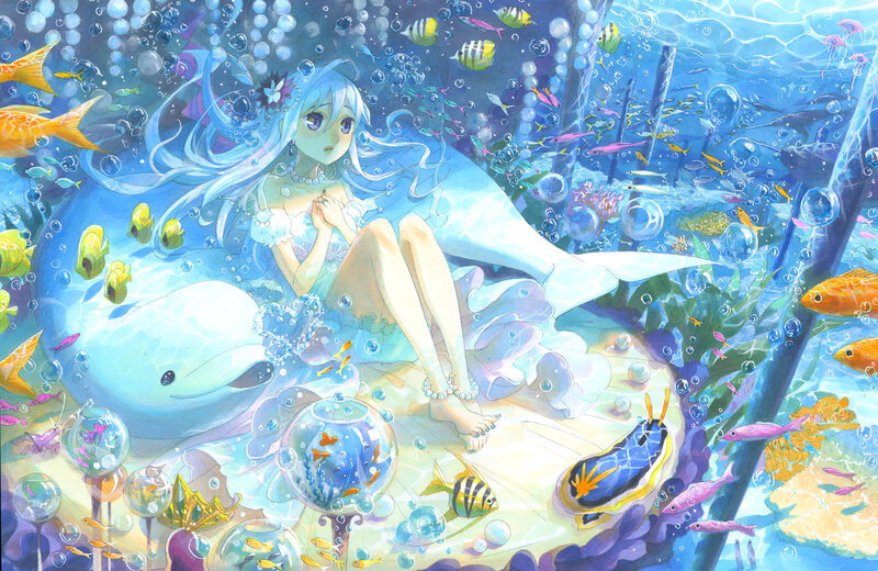 Mermaid with Dolphin — Blue, Serene, Anime