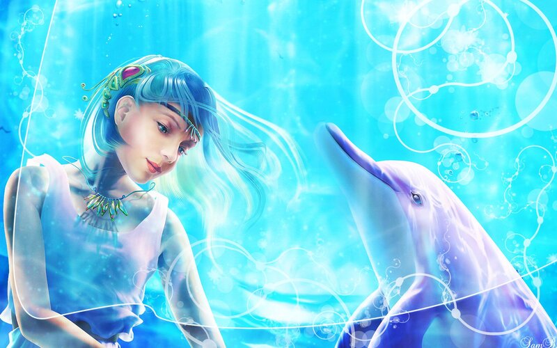 Mermaid with Dolphin — Blue, Serene, Digital Art