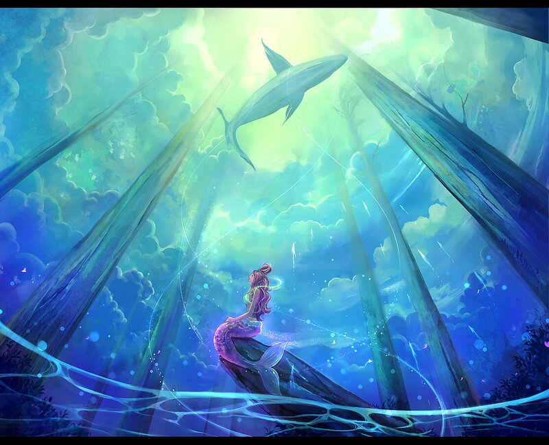 Mermaid with Dolphin — Blue, Serene