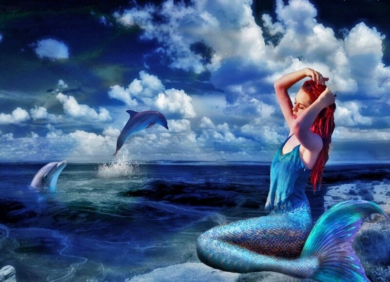 Mermaid with Dolphins — Blue, Dramatic