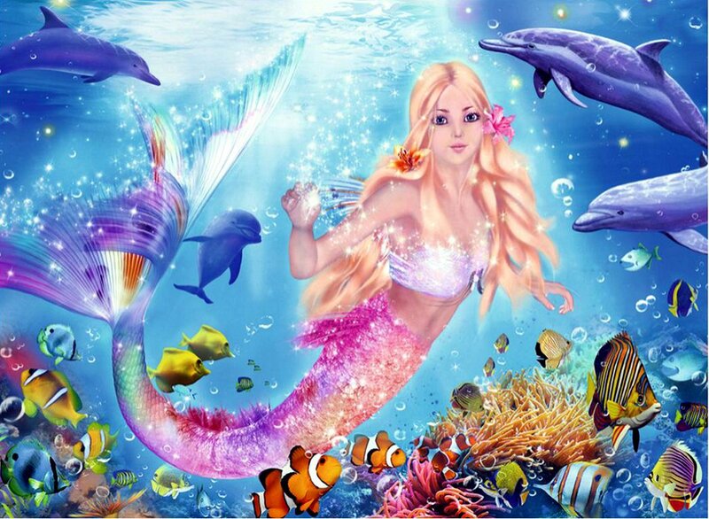 Mermaid with Dolphins — Blue, Magical, Digital Art