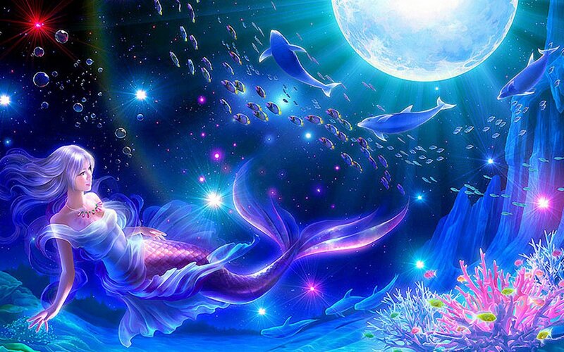 Mermaid with Dolphins — Blue, Magical
