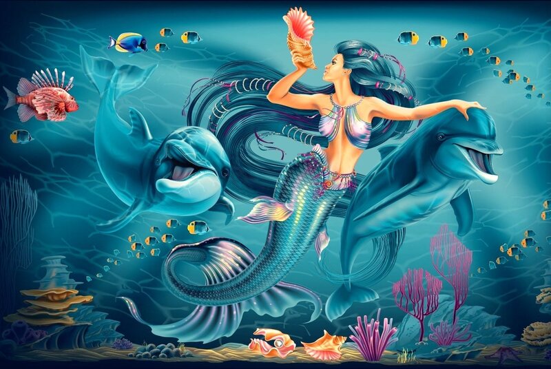 Mermaid with Dolphins — Blue, Serene, Digital Art, Fish, Coral, Seashells
