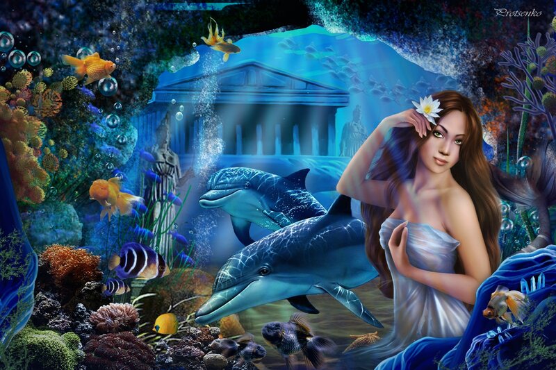 Mermaid with Dolphins — Blue, Serene, Digital Art, Fish, Coral, Temple