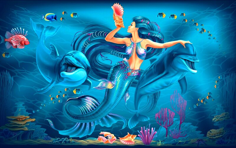 Mermaid with Dolphins — Blue, Serene, Digital Art, Fish