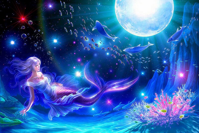 Mermaid with Dolphins — Blue, Serene, Night, Digital Art, Coral