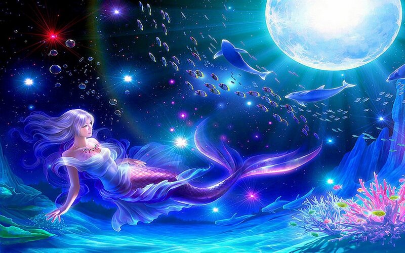 Mermaid with Dolphins — Blue, Serene, Night, Digital Art