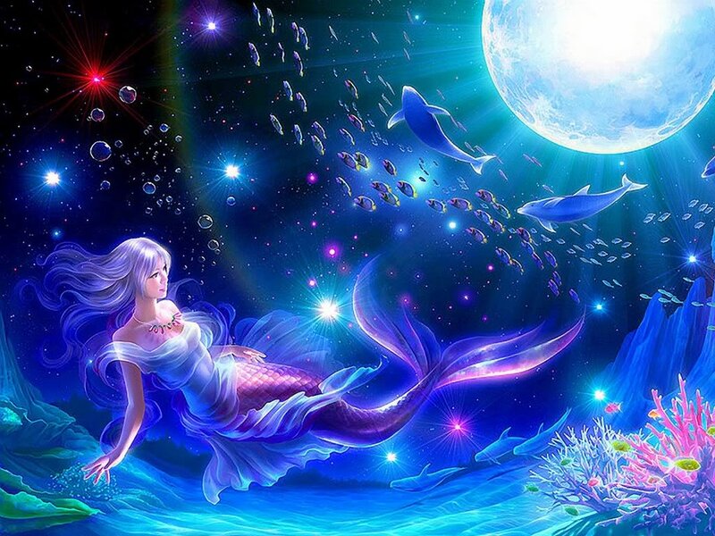 Mermaid with Dolphins — Blue, Serene, Night