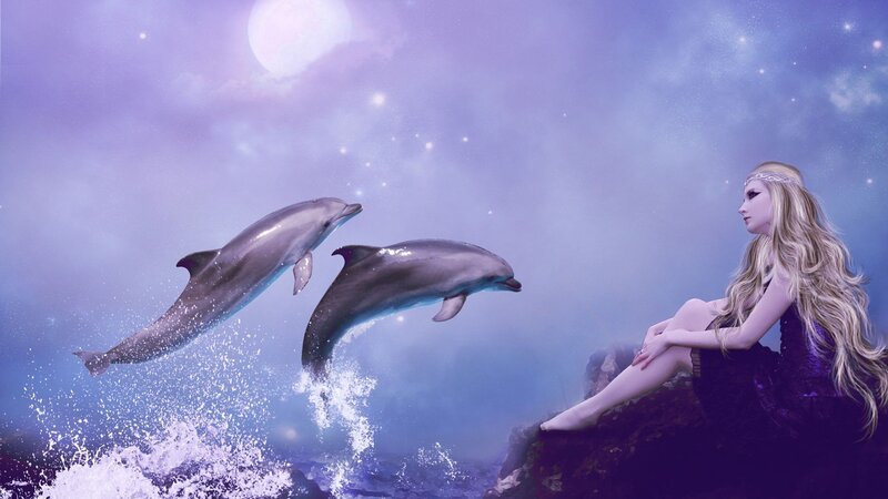 Mermaid with Dolphins — Purple, Serene