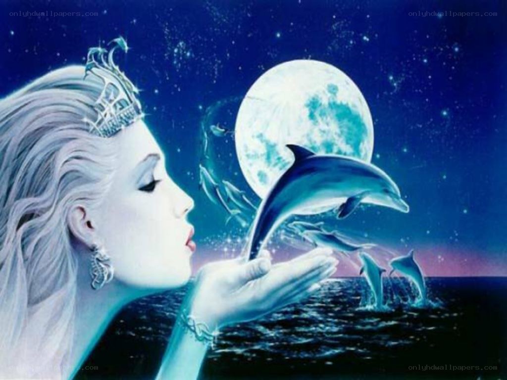 mermaid with dolphins under moon