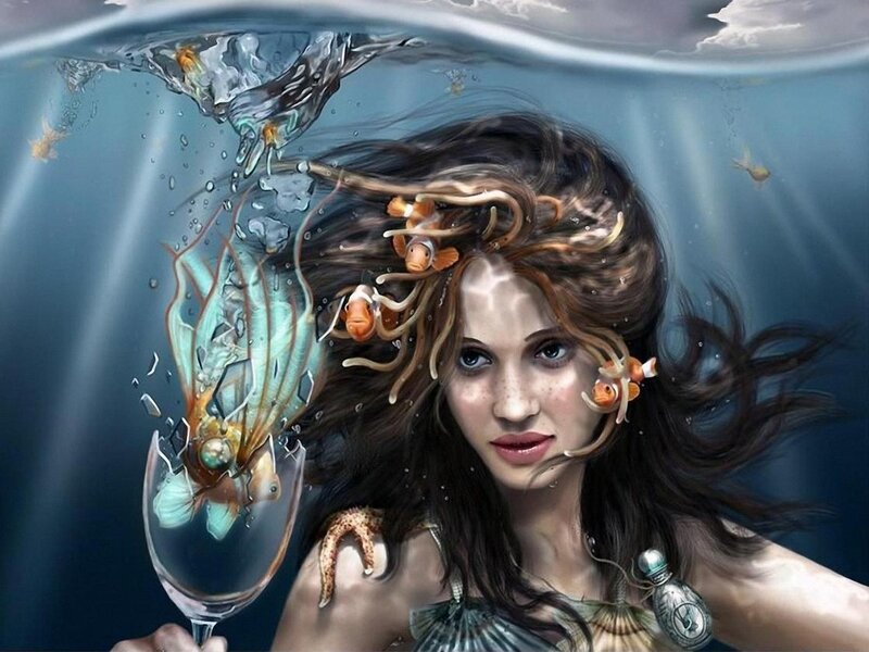 mermaid with fish and wine glass