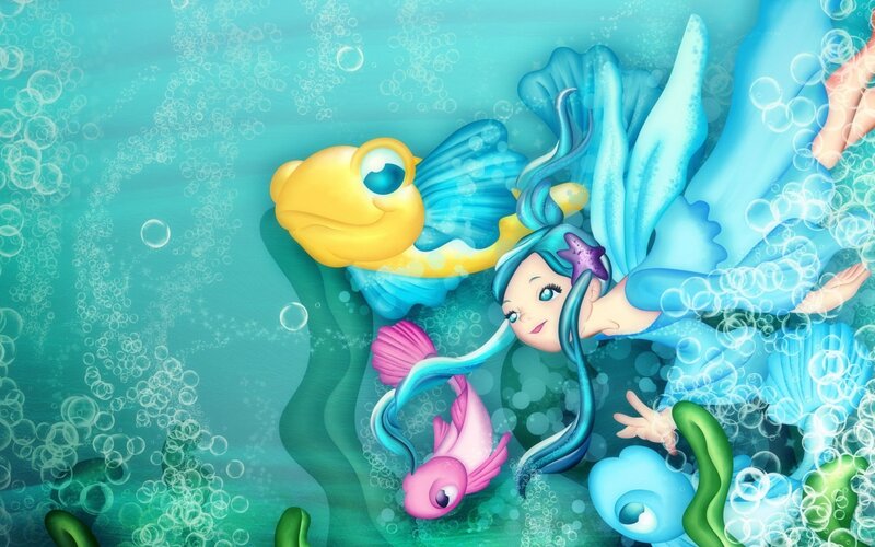Mermaid with Fish — Blue, Playful