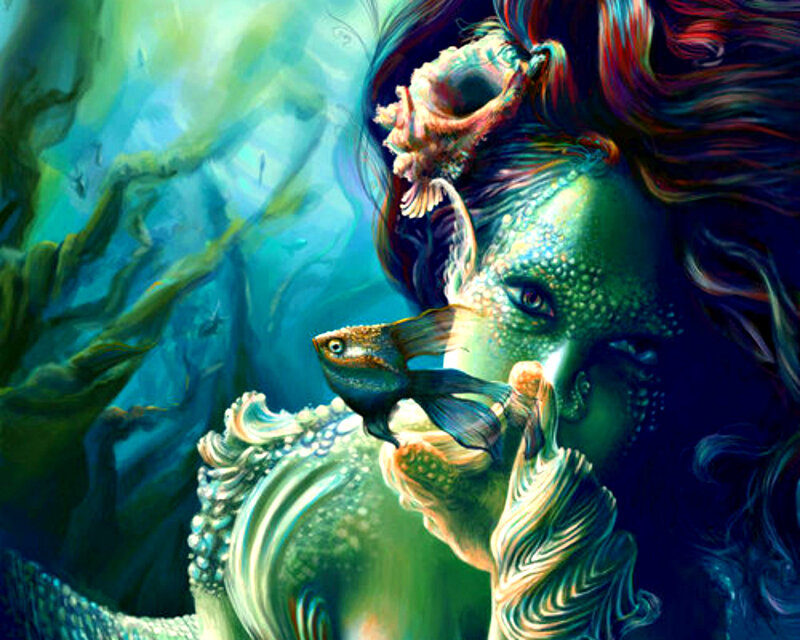 Mermaid with Fish — Blue, Serene, Digital Art, Seashell