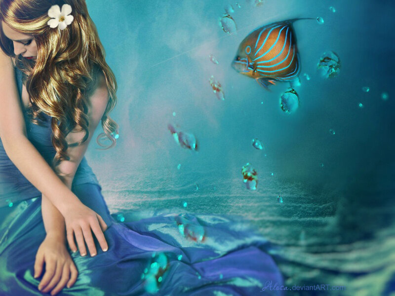 Mermaid with Fish — Blue, Serene, Digital Art