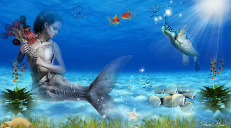 Mermaid with Fish — Blue, Serene, Digital Art, Turtle