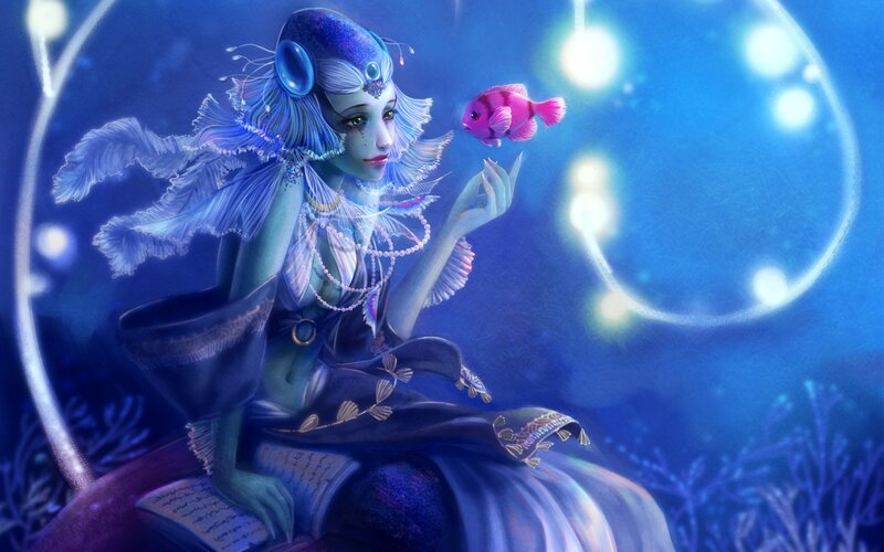 Mermaid with Fish — Blue, Serene, Night, Digital Art, Book, Coral, Purple