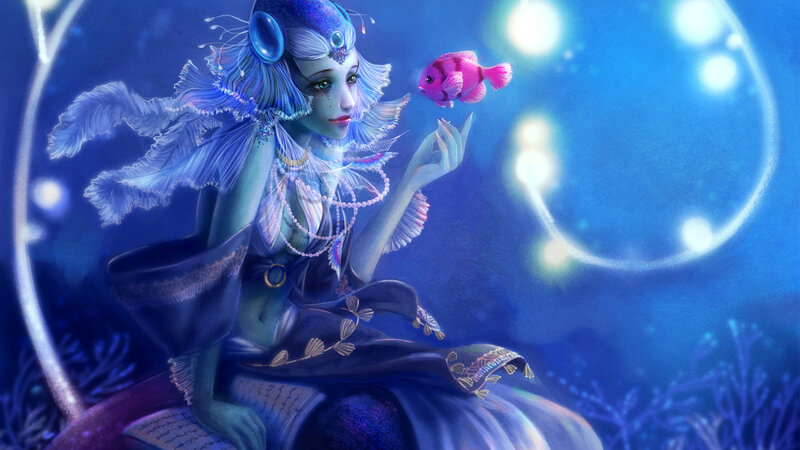 Mermaid with Fish — Blue, Serene, Night, Digital Art, Book, Coral
