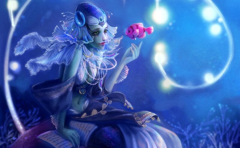 Mermaid with Fish — Blue, Serene, Night, Digital Art