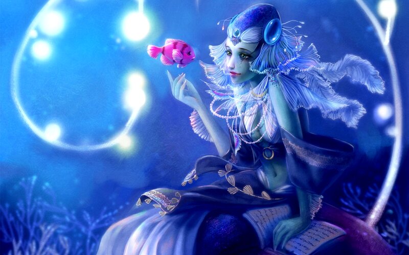 Mermaid with Fish — Blue, Serene, Night