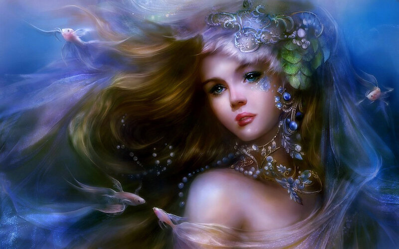 Mermaid with Fish — Blue, Serene
