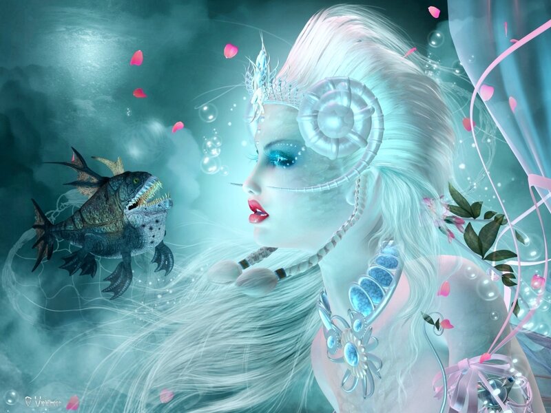 Mermaid with Fish — Cyan