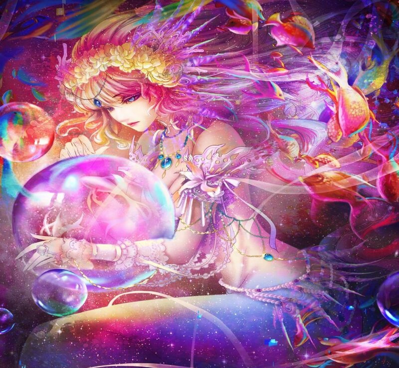 Mermaid with Fish — Purple, Dreamy, Digital Art