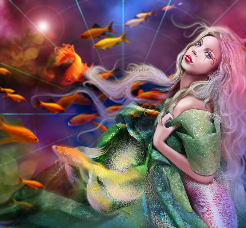 Mermaid with Fish — Purple, Dreamy